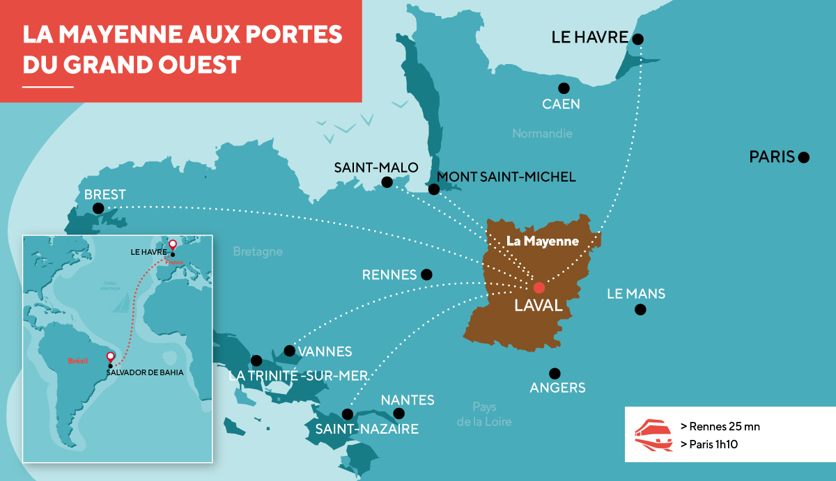 Carte de la transat jacques Vabre et de la situation de la Mayenne par rapport au littoral